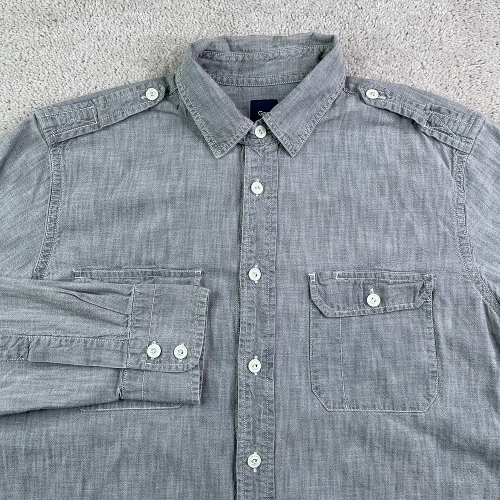 Gap Shirt Mens Medium Grey Chambray Utility Button Up Epaulettes Pockets